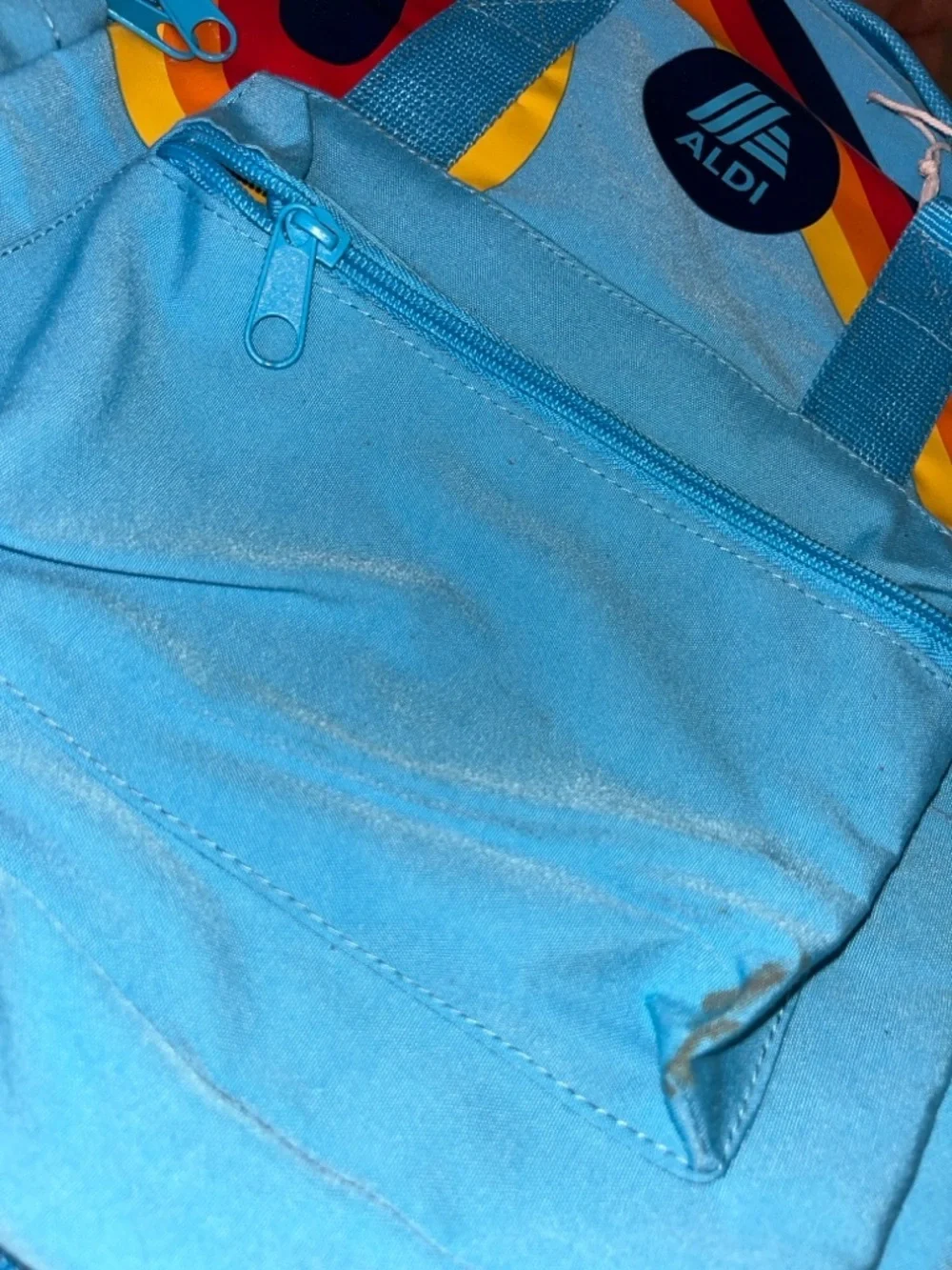 Aldi Gear Blue Rainbow Backpack with Laptop Sleeve Pockets Logo 14” x 10”